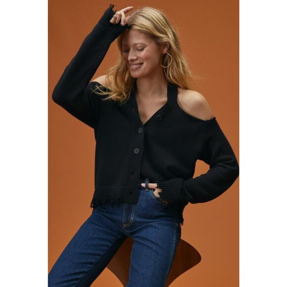 525 Distressed Open Shoulder Black Cardigan - New Large - Picture 1 of 10